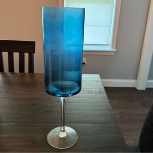 Turquoise Blue Glass Footed Candle Holder or Vase 18”